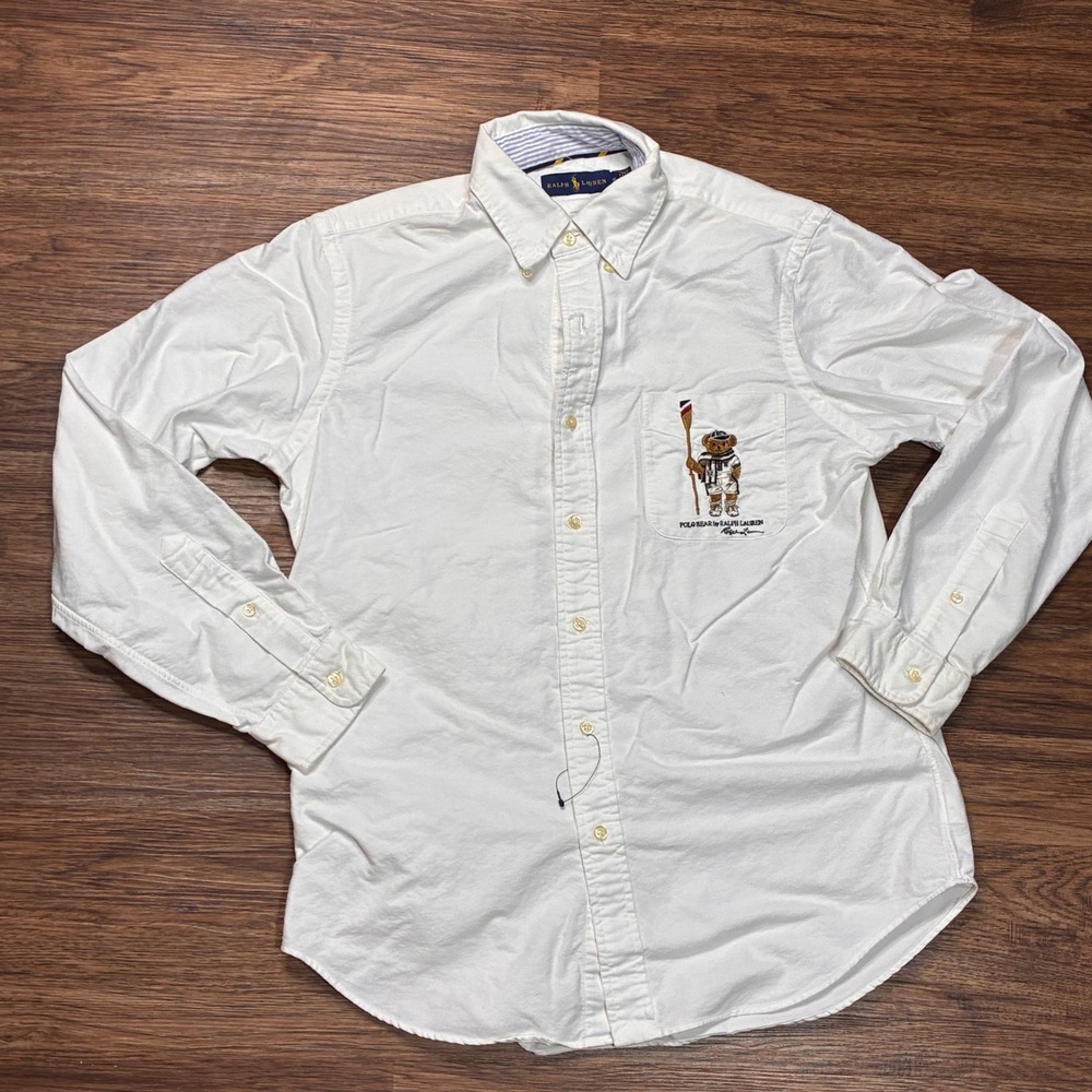 Polo Ralph Lauren Polo Bear Rugby Button Down Shirt Men's M White Cotton Oxford